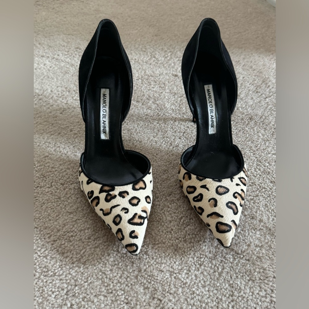 Manolo Blahnik animal print suede d’orsay pumps, size 39.5. Light wear